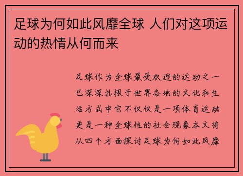 足球为何如此风靡全球 人们对这项运动的热情从何而来